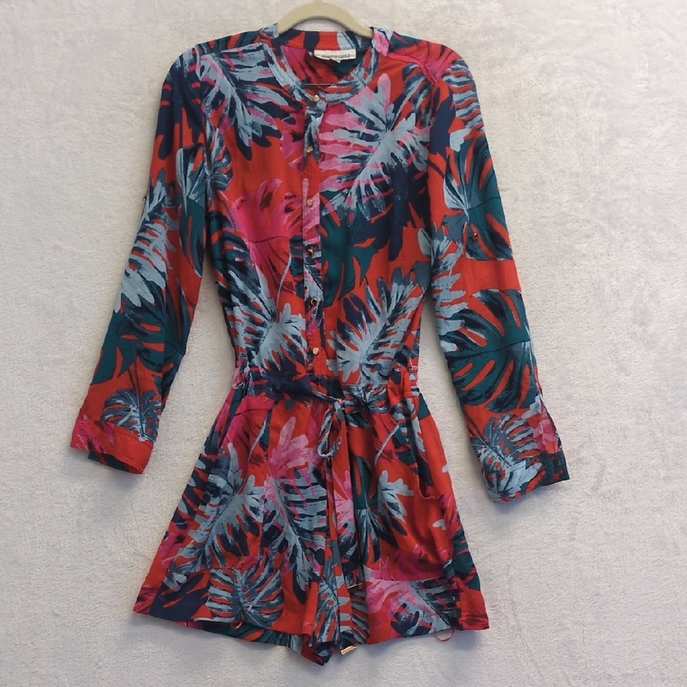 Jennifer Lopez Women's Blue & Red Tropical Resort Long Sleeve Romper Size 2